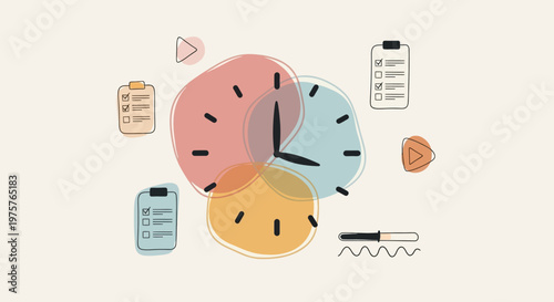 Colorful illustration of clocks and daily routine icons