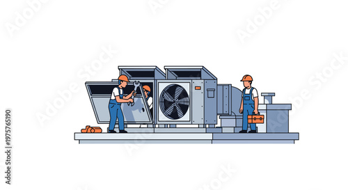 Two skilled technicians in blue uniforms and orange helmets perform meticulous maintenance on a large industrial HVAC unit with an open panel in daylight.