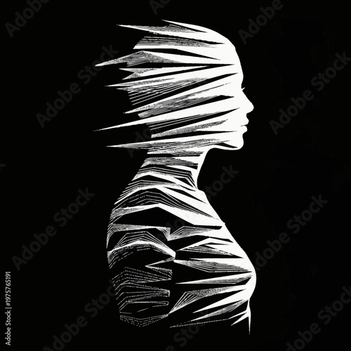 Abstract female silhouette with fragmented texture on a black background.