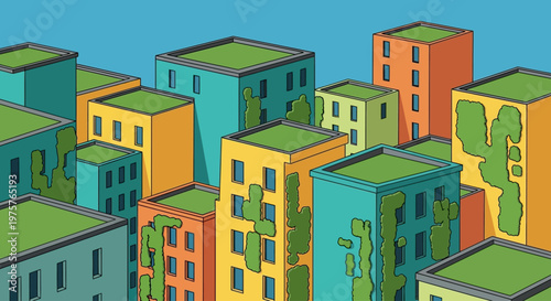 Colorful illustration of buildings with green roofs