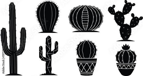 Cactus silhouette collection, desert plant illustration set with saguaro, barrel, prickly pear, flowering cactus, black botanical decorative design