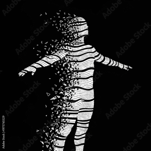 Abstract human figure dissolving into particles on a black background.