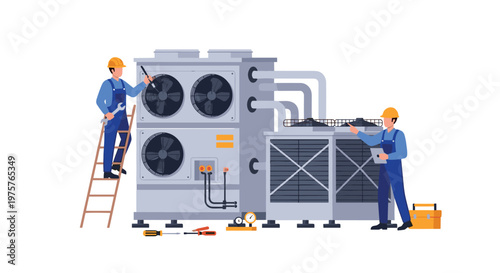 Two professional engineers in blue workwear inspect a massive industrial chiller unit with multiple fans while using a ladder and tablet in bright light.