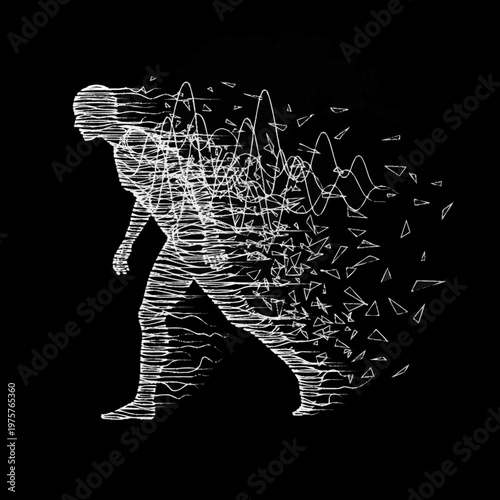 Abstract human figure dissolving into sound waves, representing digital transformation and data flow.