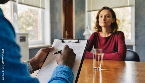 A professional records information on a clipboard during an interview with a woman. This session focuses on gathering personal history or clinical data to provide tailored support and guidance.
