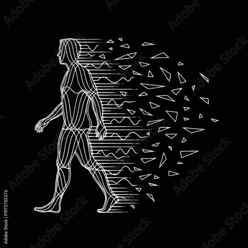 Abstract human figure walking and disintegrating into geometric shapes.