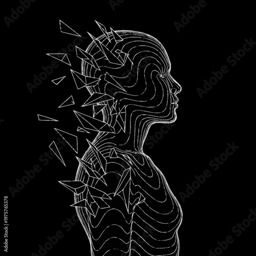 Abstract human figure shattering into fragments, representing mental health and psychological concepts.