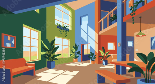 Colorful modern office interior with plants