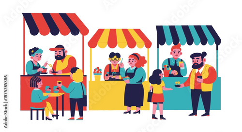 Colorful street food market with happy people