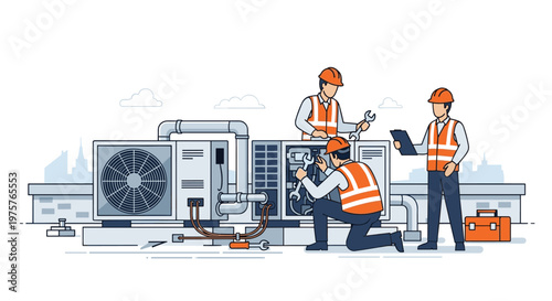 Three diligent maintenance workers wearing orange safety vests and hard hats repair a rooftop HVAC unit using specialized tools and clipboards in daylight.