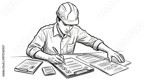 construction worker at desk planning project