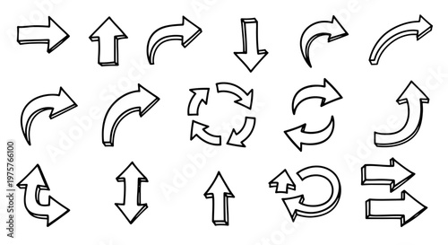  vector set of  3D-style arrow icons featuring various directions and shapes, including straight, curved, and circular motion symbols. This is black and white doodle collection 