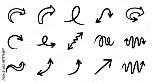 Comprehensive set of hand-drawn black ink arrow vectors featuring various curved, loopy, and zigzag directional pointers for creative designs.
