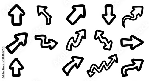 Diverse Set of   Doodle Arrows: Black Sketchy Pointers and Wavy Directional Icons for Graphic Design