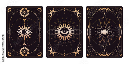 Magic black tarot cards set, celestial moon and sun icons. Vector realistic illustration of mystic vintage cards with abstract floral border, all seeing eye and star ornament, esoteric symbols