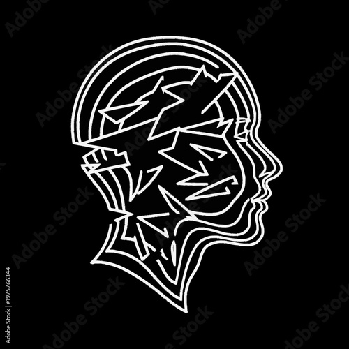 Abstract representation of a fractured human mind in profile.