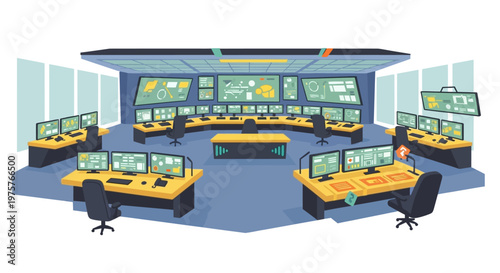 Control room with computers and monitoring screens