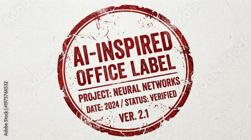 A red rubber stamp with grunge texture in an AI-inspired office label style, distressed ink surface, rough weathered edges, isolated composition, photorealistic stamp detail, ultra-detailed,