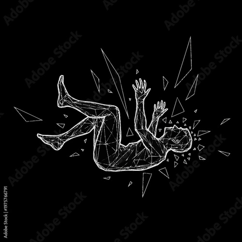 Geometric Human Figure Falling Apart into Shards on Black Background.
