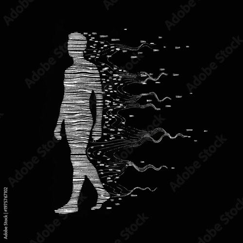 Human figure dissolving into abstract digital data streams.