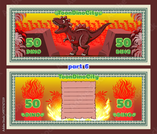 Vector cartoon colored beautiful banknotes, coupons or flyers. Obverse and reverse. Toon tyrannosaurus rex open toothy mouth or red dragon. Denomination 50 dino. Plant, stones and fire. Fifty. Part 6