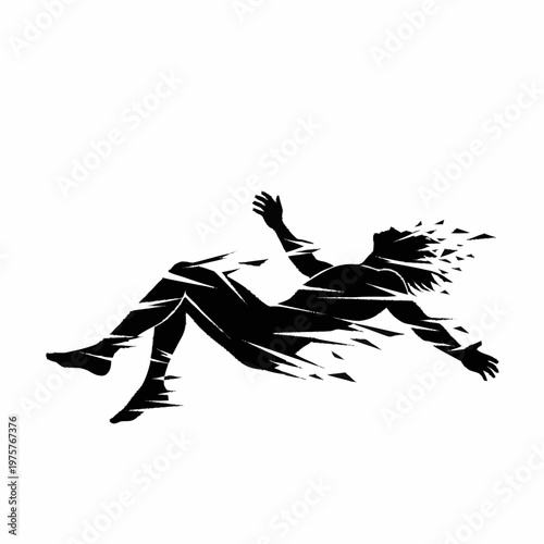 Silhouette of a person dissolving into fragments, symbolizing loss or transformation.