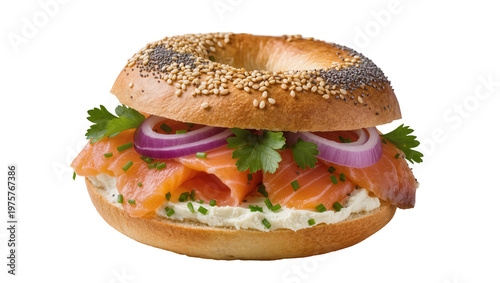 Foto Sesame Seeded Bagel Sandwich with Smoked Salmon Cream Cheese and Red Onion