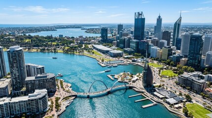 Aerial view of Swan River and Elizabeth Quay in Perth, modern architecture, elegant footbridge, shimmering water, expansive cityscape, crisp daylight, ultra-realistic, no logos.