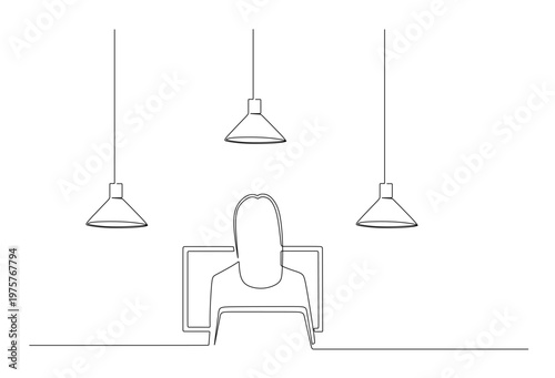 Continuous line drawing of a young businesswoman working on a laptop. One-line vector drawing. Doodle outline vector illustration.