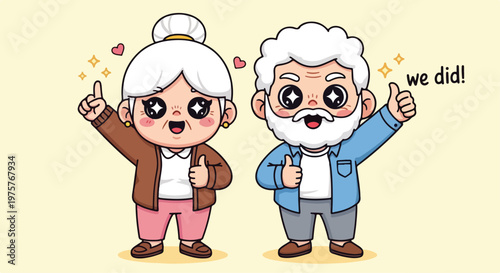 Cute cartoon elderly couple with white hair and glasses celebrating together with happy expressions and waving hands