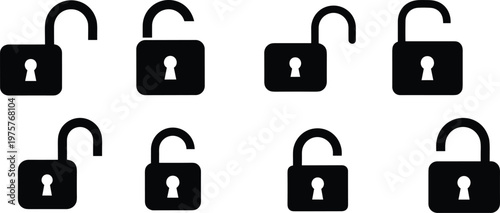 Unlocked padlock silhouettes set, open lock icons, black and white security symbols, access granted, privacy, permission, protection, user interface design