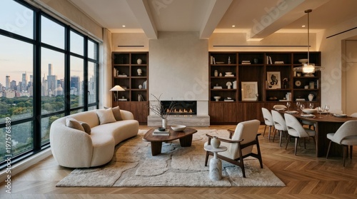 upscale luxury living room interior mockup, bookcase walls, a sculpted sofa, accent chair, fireplace, broad windows, parquet flooring and a seamless dining area, balanced decor and clean residential