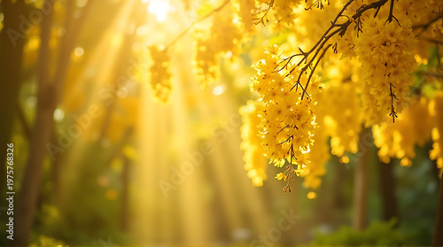 Golden shower flowers cascading from tree branches in tropical sunlight soft yellow tones airy composition minimal background