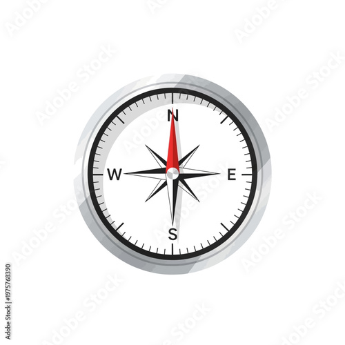 Vintage Compass Navigation Tool with Red Needle Pointing North on White Background