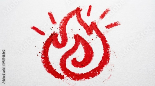 A simple fire flame icon on white background, bold red crayon silhouette with rough hand-drawn edges and hot graphic energy, ultra-realistic, no logos.