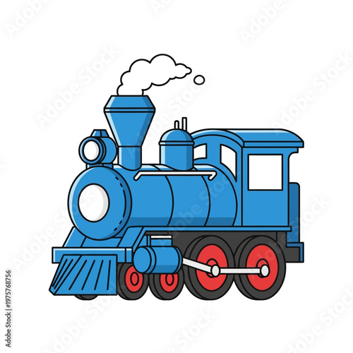 Blue steam locomotive cartoon, vintage train illustration with white smoke, isolated on white.