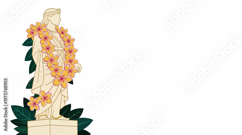 A white statue resembling Jesus Christ, adorned with a vibrant yellow and orange floral lei, stands against a plain white background with green foliage at its base.