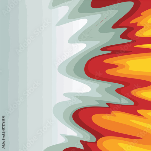 Abstract background features fluid shapes transitioning from cool grey tones to vibrant red and orange waves that create a dynamic sense of motion across the entire composition for various design.