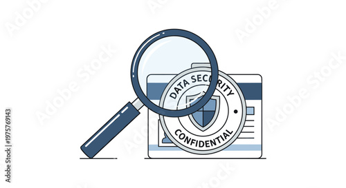 A detailed magnifying glass inspects a confidential data security folder icon set against a neutral light grey backdrop in a professional graphic style.
