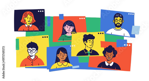 Diverse group of people on video calls, online meeting or remote work