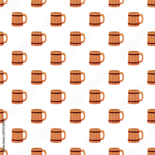 Wooden beer mugs creating a repeating seamless pattern on a white background