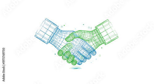 Two intersecting wireframe hands in blue and green mesh patterns perform a handshake against a pristine white background in a digital connectivity theme.