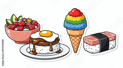 A vibrant illustration of popular Hawaiian dishes including a poke bowl, loco moco, rainbow shave ice, and spam musubi, presented in a cartoon style.