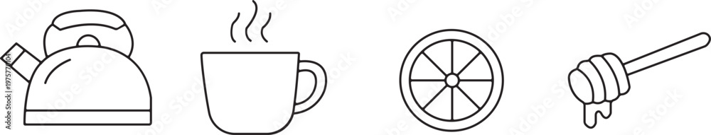 Fototapeta premium Simple line drawing of kettle cup wheel and hand with utensil