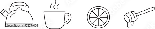 Simple line drawing of kettle cup wheel and hand with utensil