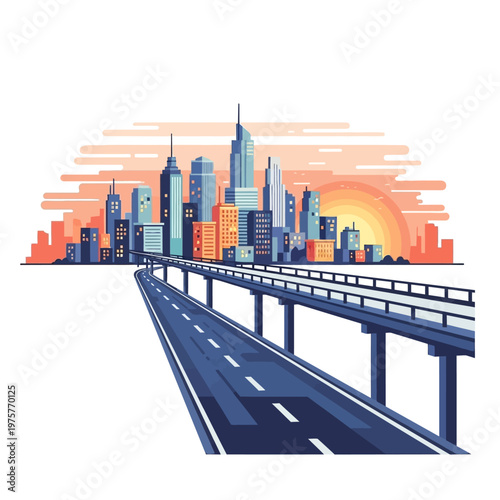 Modern city skyline at sunset with highway overpass, urban landscape illustration