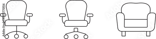 Minimalist line drawing of three office chairs in varying perspectives