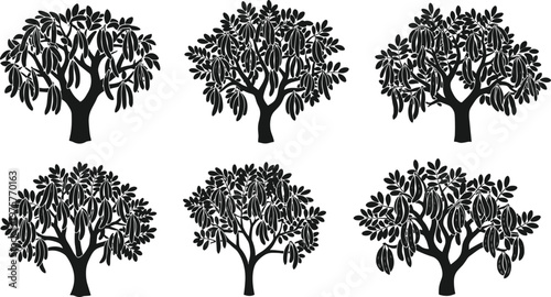 Cacao tree silhouette illustrations, cocoa plant icons, tropical agriculture drawings, chocolate pod harvest, farming, botanical design, plantation, nature, agriculture