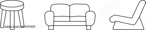 Line drawing of furniture a stool armchair and high back chair in a minimalist style