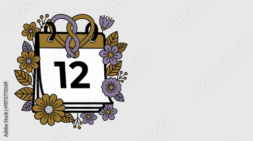 A decorative calendar page displaying the number 12, adorned with an elegant floral border of purple and gold flowers and leaves, set against a light gray background.